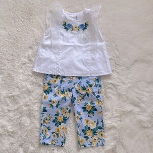 Janie and Jack Floral Sateen Pants and Embroidered Organza Trim Top Sz 18-24 mo